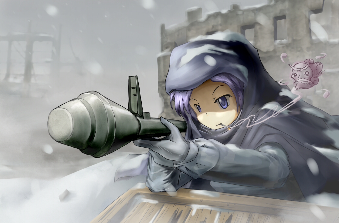 Konachan.com - 132719 blue_eyes blue_hair cigarette fat_(artist) gloves kumoi_ichirin snow touhou u